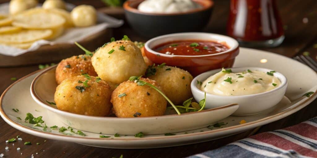 cheesy potato balls with dipping sauce