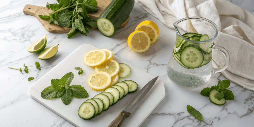 cucumber water ingredients flat lay