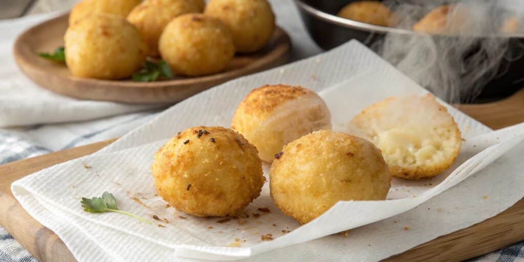 fried cheesy potato balls draining