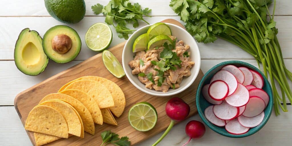 Tuna and avocado tostadas with lime, cilantro, and crispy tortillas.