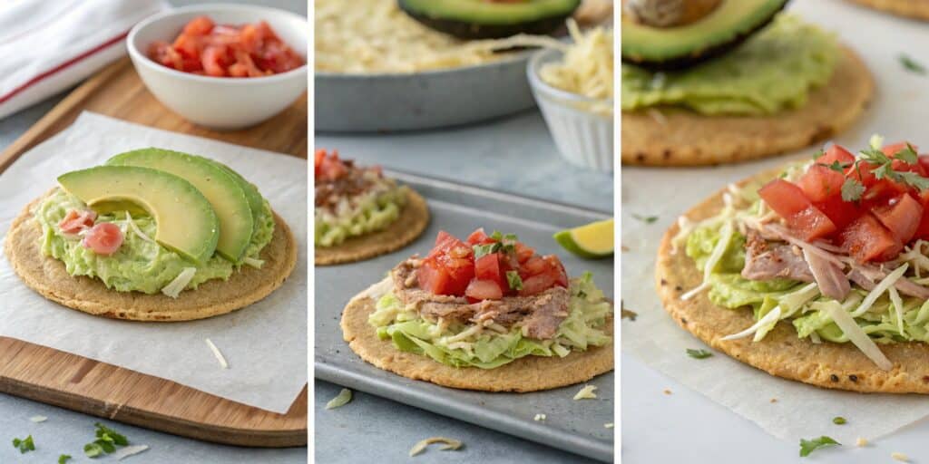 Tuna and avocado tostadas with lime, cilantro, and crispy tortillas.