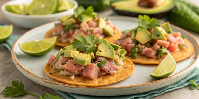 Tuna and avocado tostadas with lime, cilantro, and crispy tortillas.